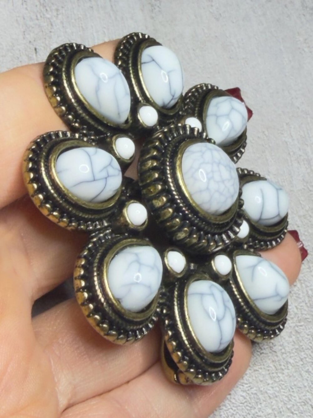Vintage Premier Designs Marbled Cabochon Brooch Antiqued Bronze Tone - Picture 3 of 7